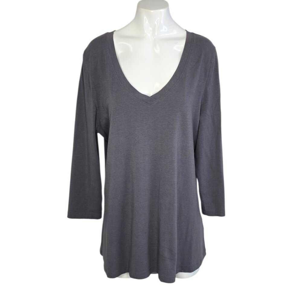 Garnet Hill Womens 3/4 Sleeve V-Neck Stretch Top, Grey, Basic, Casual, Size XL